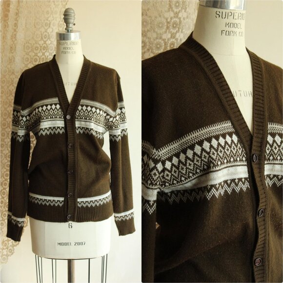 Vintage 1950s 1960s Cardigan, Jaguar Mexican Brown and White Sweater, Size 40 - Picture 1 of 10